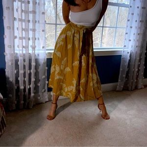 Linen leaf-pattern full midi-skirt